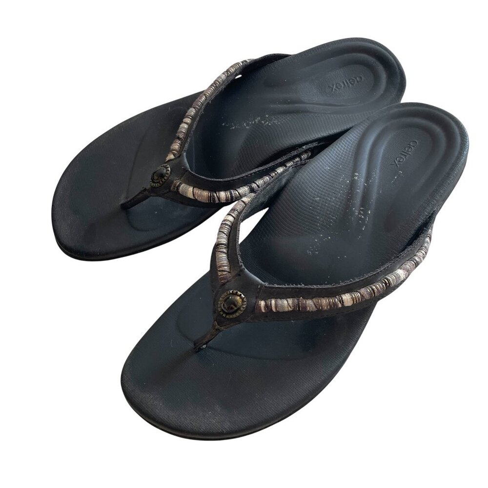 Aetrex Black Thong Sandals with Metallic Beaded Straps